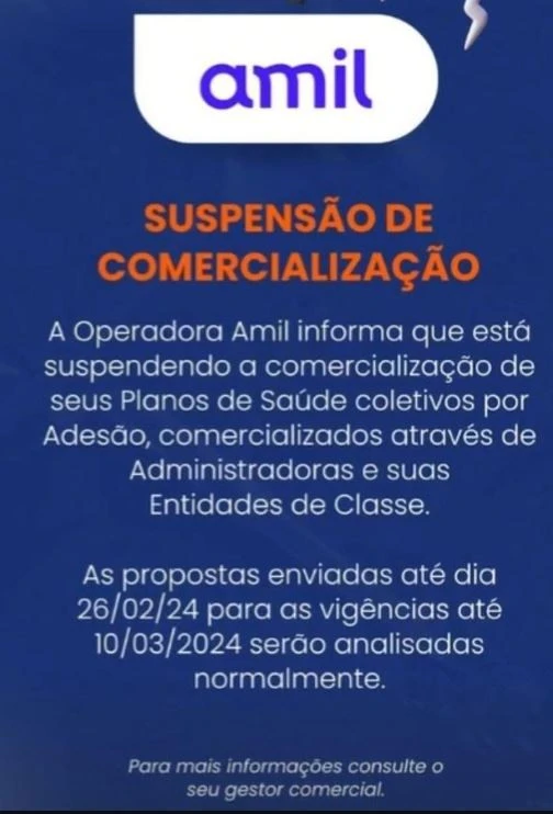 Comunicado da Amil aos corretores sobre a suspensão das vendas dos planos de saúde individual e adesão.